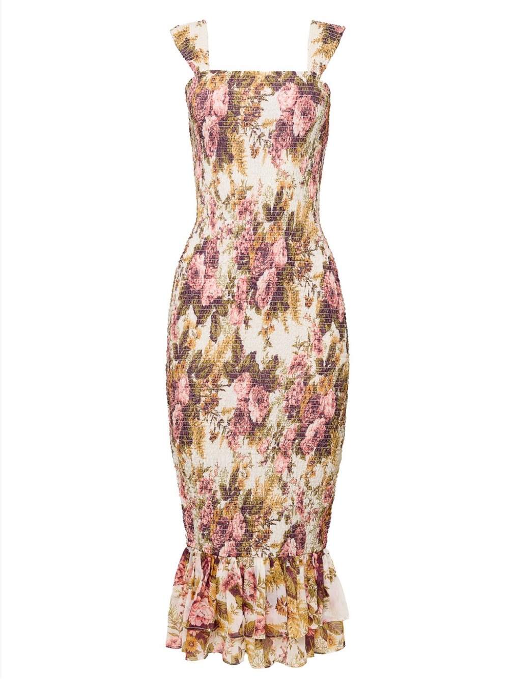 Ivy City Co Pink & Cream Floral Smocked Square-Neck Midi Dress Small